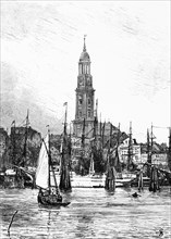 St. Michael's Church, Michel, church tower, clock tower, harbour with tall ships, dolphins,