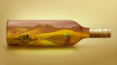White wine bottle with a Tuscan landscape