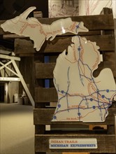 Lansing, Michigan, The Michigan History Museum. A map compares trails used by Native Americans with