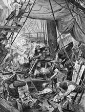 Klaus or Claas Stoertebeker's capture at Heligoland, North Sea, battle scene, ship, deck, dead,