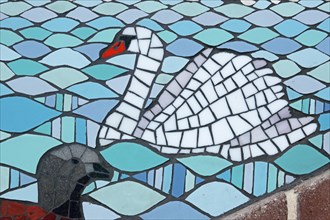 Wall mosaic with mute swan by Isidora Paz Lopez 2019, one, two, white, water, swimming, swan