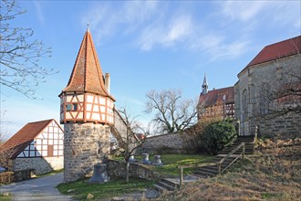 Rope tower built in 1102, gate tower and St John's Church, Burgbernheim, Middle Franconia,