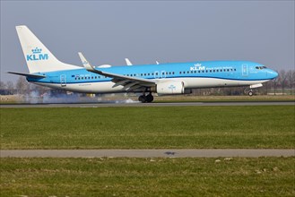 KLM Boeing 737-8K2 with registration PH-BXZ lands on the Polderbaan, Amsterdam Schiphol Airport in