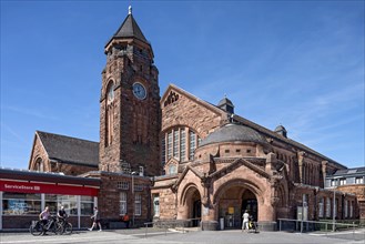 Historic Wilhelmine railway station, clock tower, pavilion with entrance to the station building,