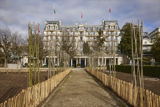Hotel Beau-Rivage Palace and bare winter trees in the Ouchy neighbourhood, Lausanne, district of