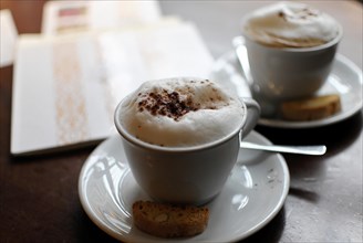 Two cups of cappuccino with foam and a Cantucci next to it on a cafe table, Hamburg, Hanseatic City