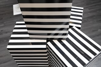 Europa Passage, Ballindamm, Decorative boxes with black and white stripes in different sizes,