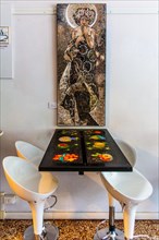 Moonlight, homage to Alfons Mucha, cafeteria, mosaic school that produces mosaic masters,