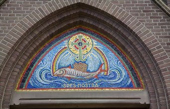 Catholic church religious fish sign, Xavieriuskerk, Enkhuizen, Netherlands