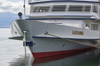 Bow of the passenger ship Lausanne with ropes in the harbour of Ouchy, Lausanne, district of