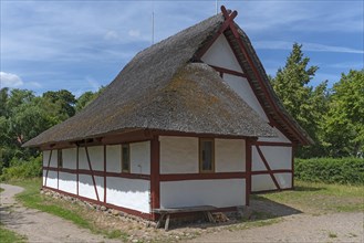 Thatched half-timbered barn from the 19th century, open-air museum for folklore Schwerin-Muess,
