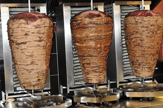 Several kebab skewers in a professional catering kitchen, Hamburg, Hanseatic City of Hamburg,
