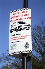 Police sign warning of theft from cars, Suffolk, England, UK