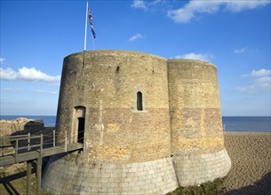 Quatrefoil Napoleonic war martello tower at Slaughden, Aldeburgh, Suffolk, England, United Kingdom,