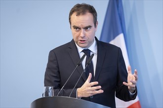 Sebastien Lecornu, French Minister of Defence, recorded during a press statement in Berlin, 22.03
