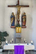 The altar with crucifix, former monastery church Mater Salvatoris, Boerwang, Allgaeu, Swabia,