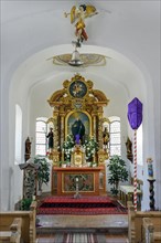 Altar of the filial church of St Leonhard, Boerwang, Allgaeu, Swabia, Bavaria, Germany, Europe