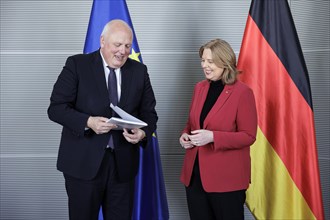 (R-L) Bundestag President Baerbel Bas, SPD, MdB, receives the 32nd activity report of the Federal