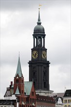 Landmark, Hamburg Michel, Baroque church St. Michaelis, A large church tower with clocks and a