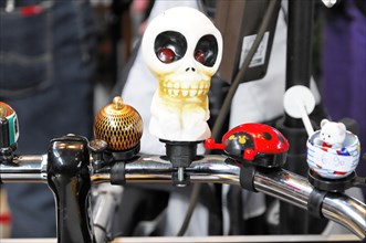 RETRO CLASSICS 2010, Stuttgart Messe, bicycle bells with a skull and other decorations on a