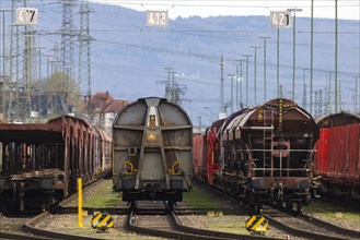 Stored freight wagons, DB Cargo Mannheim depot, Baden-Wuerttemberg, Germany, Europe