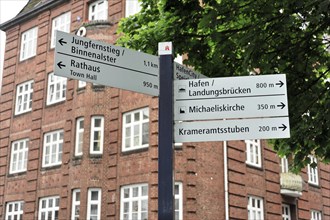 An information sign shows the directions to Hamburg's famous sights, Hamburg, Hanseatic City of