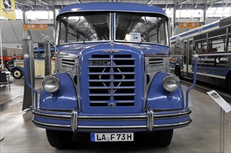 RETRO CLASSICS 2010, Stuttgart Trade Fair Centre, front view of a classic blauen vintage bus with