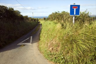 No through road sign and country lane, Trefin, Pembrokeshire, Wales, United Kingdom, Europe