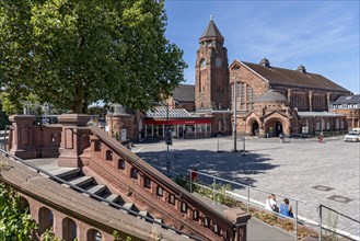 Historic Wilhelmine railway station, staircase to the station square, clock tower, reception