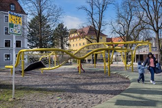 Steel scaffolding with net, children's playground, Kempten, Allgaeu, Bavaria, Germany, Europe