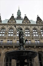 Close-up of a fountain in front of the Gothic town hall of a city, Hamburg, Hanseatic City of