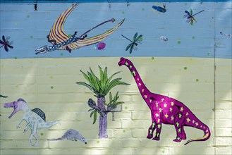 Animals of prehistoric times on land and in the air, dinosaurs, pterosaurs, colourful illustration,