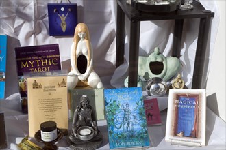 Products on display in shop window of new age mystical shop, Ipswich, Suffolk, England, an example