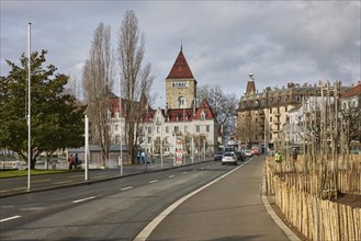 Quai de Belgique with view towards Ouchy Castle in the Ouchy district, Lausanne, district of