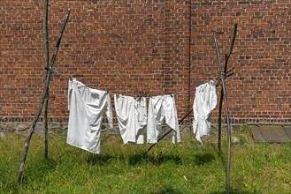 Laundry on the line in front of a 19th century brick farmhouse, Open Air Museum of Folklore