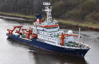 Research vessel Meteor travelling through the Kiel Canal, Kiel Canal, Schleswig-Holstein, Germany,