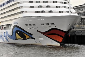 AIDALuna, The bow of a cruise ship with eye-catching painting docked in the harbour, Hamburg,