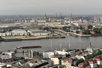 Overview of a city with harbour facilities and ships, Hamburg, Hanseatic City of Hamburg, Germany,