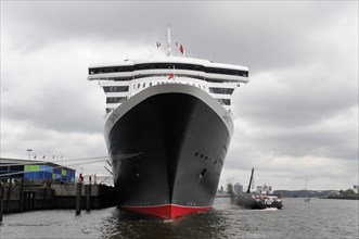 A large cruise ship is moored in the harbour against a cloudy sky, Hamburg, Hanseatic City of