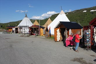 Souvenir shops in traditional Sami tents on the Lofoten Islands, Norway, Scandinavia, Europe