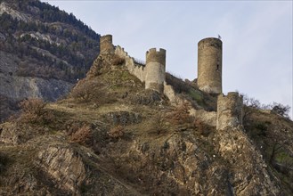 Saillon Castle with the Bayart tower in Saillon, district of Martigny, canton of Valais,