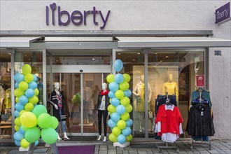 Entrance with balloons, fashion shop, Kempten, Allgaeu, Bavaria, Germany, Europe