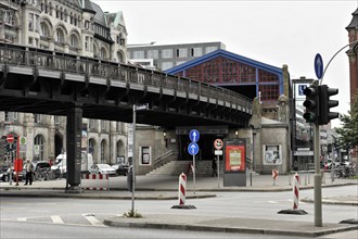 View of a road junction with an elevated railway and an underground station, Hamburg, Hanseatic
