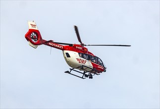 Rescue helicopter in flight, DRF Flugrettung. Airbus Helicopters H145, Mannheim,