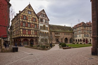 Half-timbered houses Place de la Cathedrale in the old town centre of Colmar, Department Haut-Rhin,