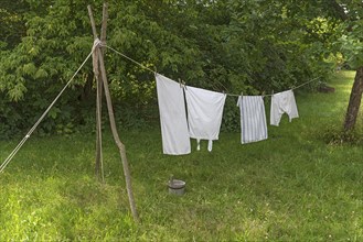 Laundry on the line in the garden, Open-Air Museum of Folklore Schwerin-Muess,