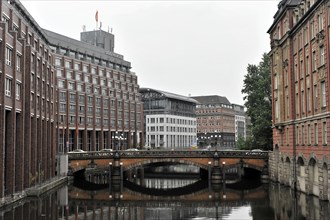 View of a bridge over a canal with reflections in Hamburg, Hamburg, Hanseatic City of Hamburg,