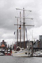 MARE FRISIUM, A large sailing ship in the harbour under a cloudy sky against a backdrop of