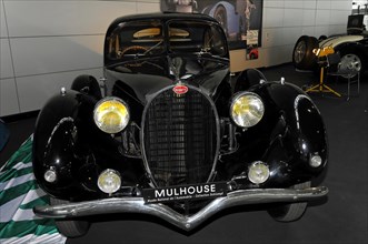 Bugatti classic car, RETRO CLASSICS 2010, Black classic car in a car exhibition with emphasised