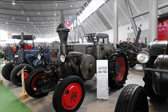 RETRO CLASSICS 2010, Stuttgart Messe, Old black tractors and vehicles in an exhibition line,